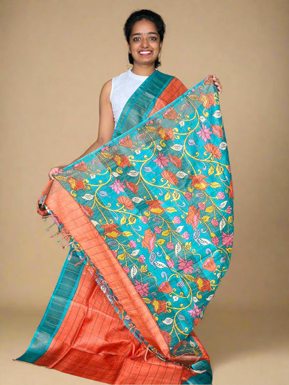 Orange and Rama Green Tussar Silk Saree with Prints