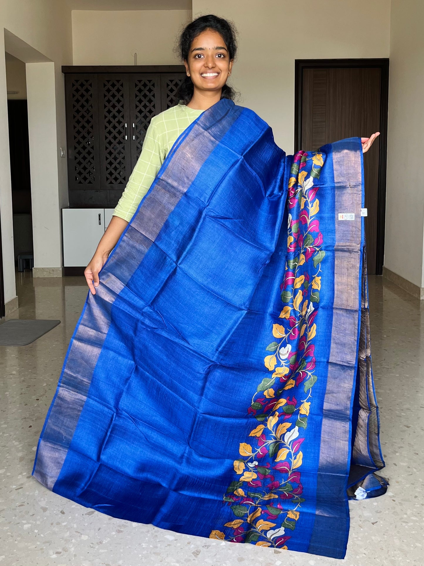 Royal Blue Tussar Silk Saree with Floral Prints