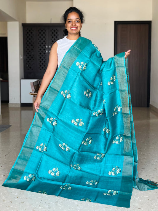 Blue Tussar Silk Saree with Prints