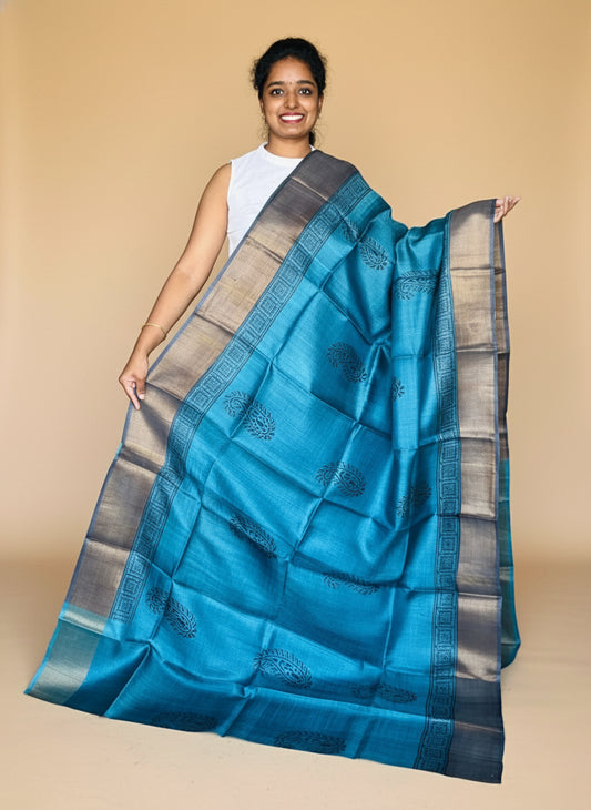 Teal Green Tussar Silk Saree with Prints