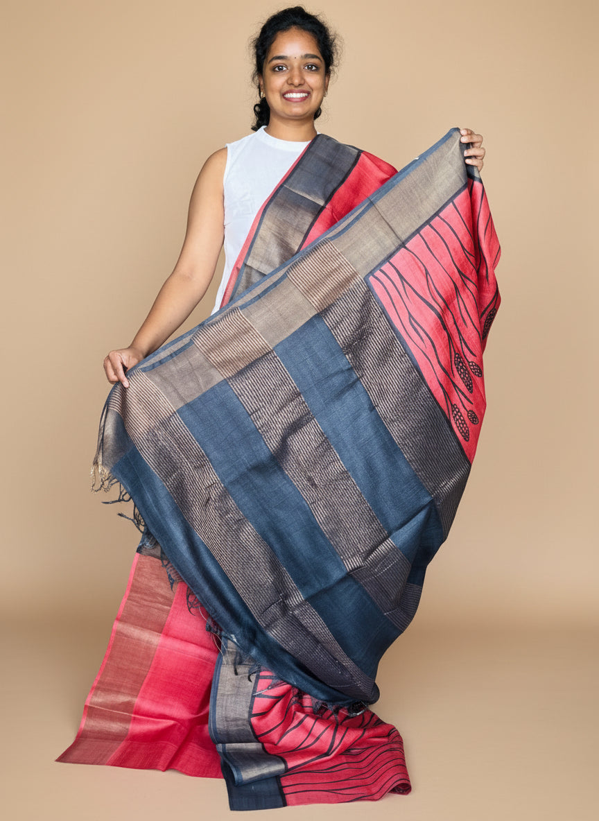 Red and Black Tussar Silk Saree with Prints