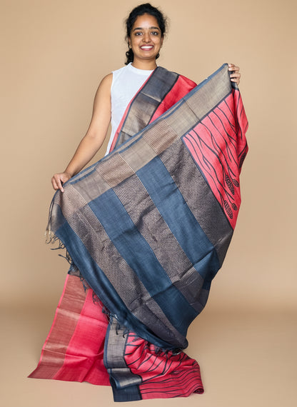 Red and Black Tussar Silk Saree with Prints