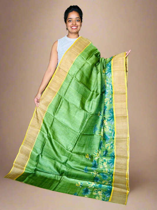 Green and Yellow Tussar Silk Saree with Prints