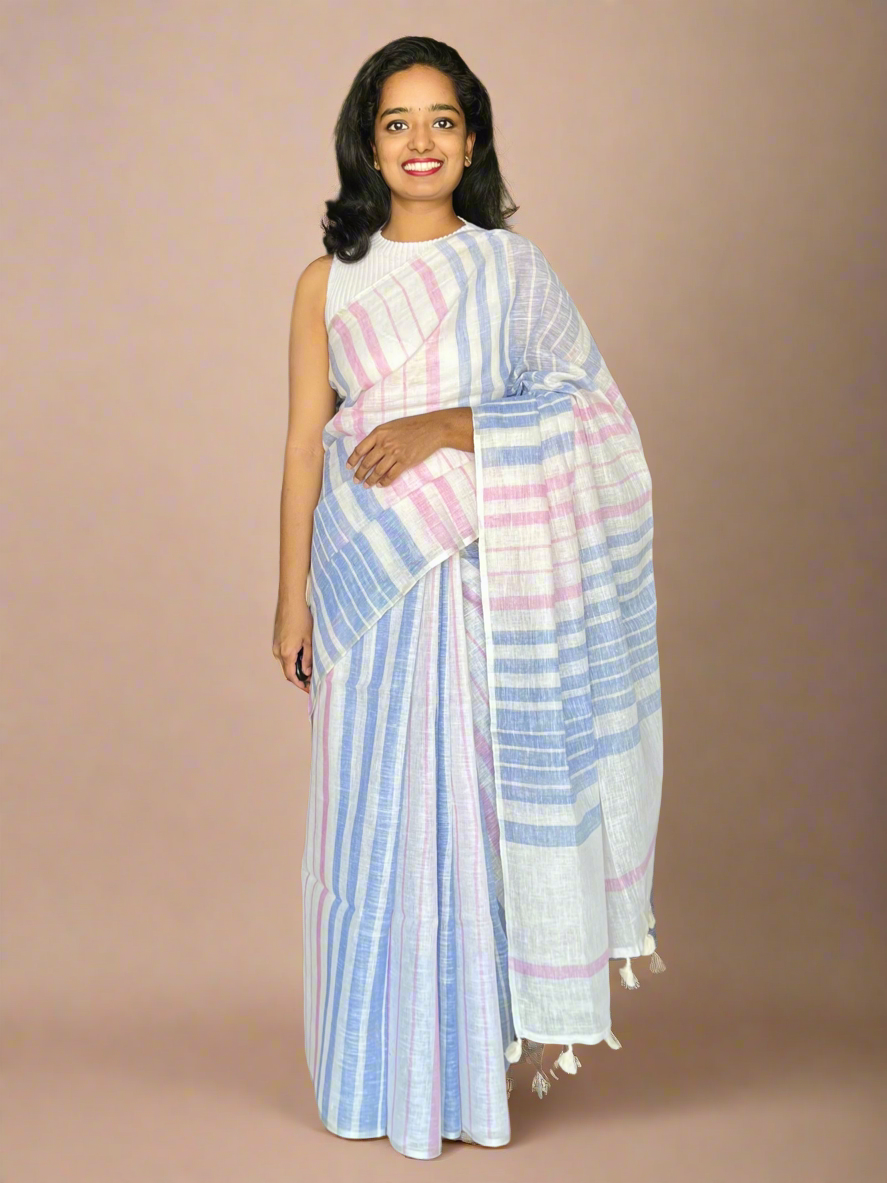 White  Linen Saree With Woven Blue and Pink Stripes