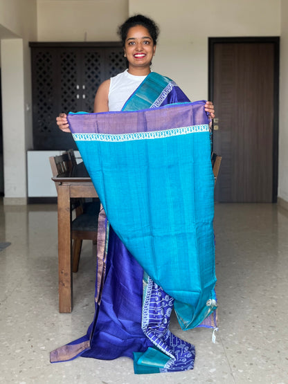 Indigo Tussar Silk Saree with Prints