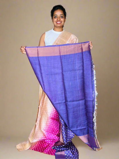 Cream Pink and Purple Tussar Silk Saree with Prints