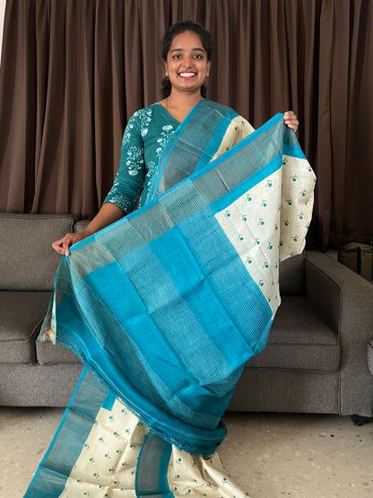 Cream and Blue Tussar Silk Saree with Prints