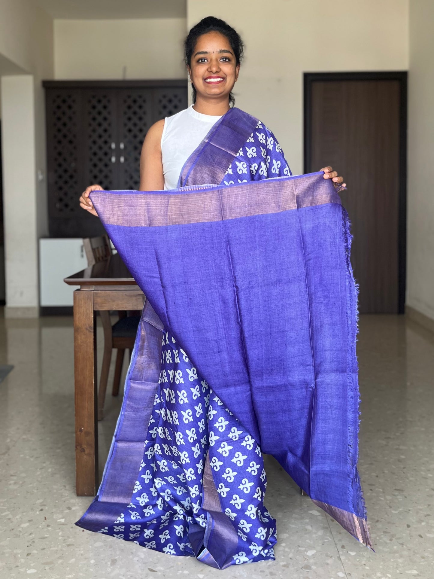 Violet Tussar Silk Saree with Prints