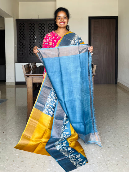 Yellow and Grey Tussar Silk Saree with Prints