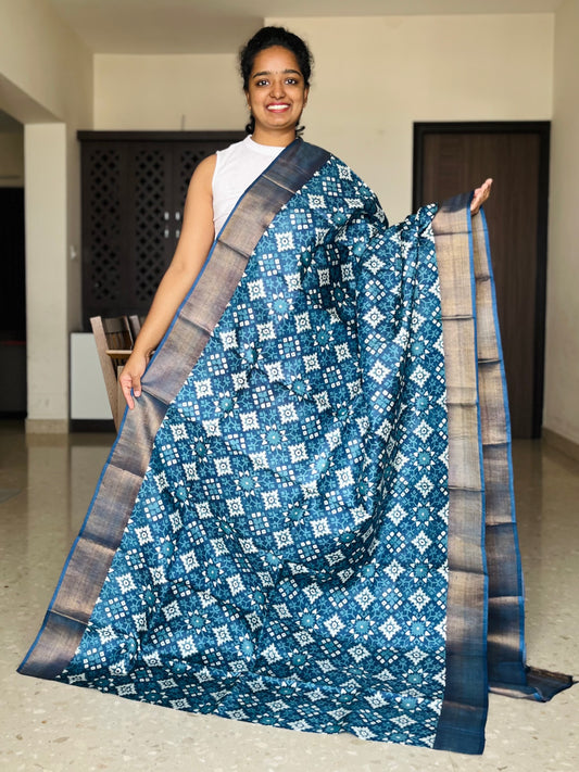 Navy Blue Tussar Silk Saree with Prints