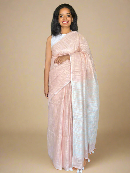 Peach Linen Saree With Woven Stripes