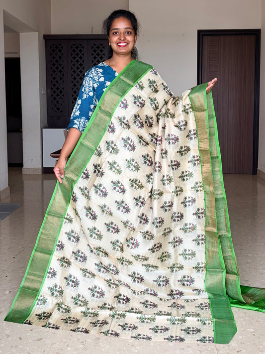 Cream and Green Tussar Silk Saree with Prints