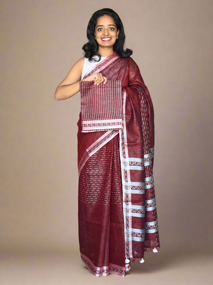 Maroon Linen Saree with Kantha Weaves