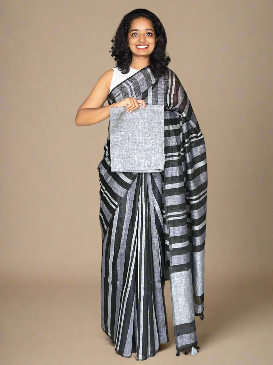 Black and Grey Linen Saree with Woven Stripes