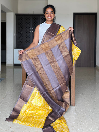 Yellow and Brown Tussar Silk Saree with Prints