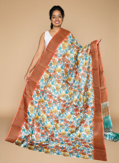 Cream and Orange Tussar Silk Saree with Prints