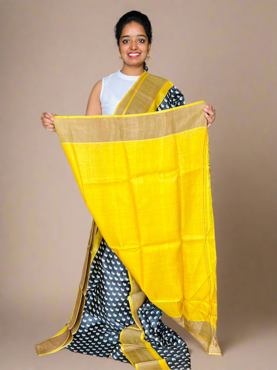 Black and Yellow Tussar Silk Saree with Prints
