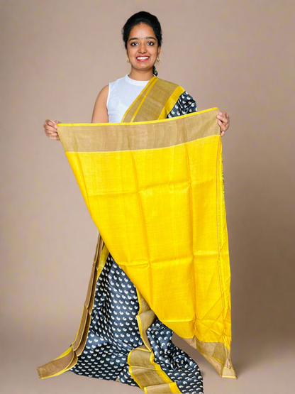 Black and Yellow Tussar Silk Saree with Prints