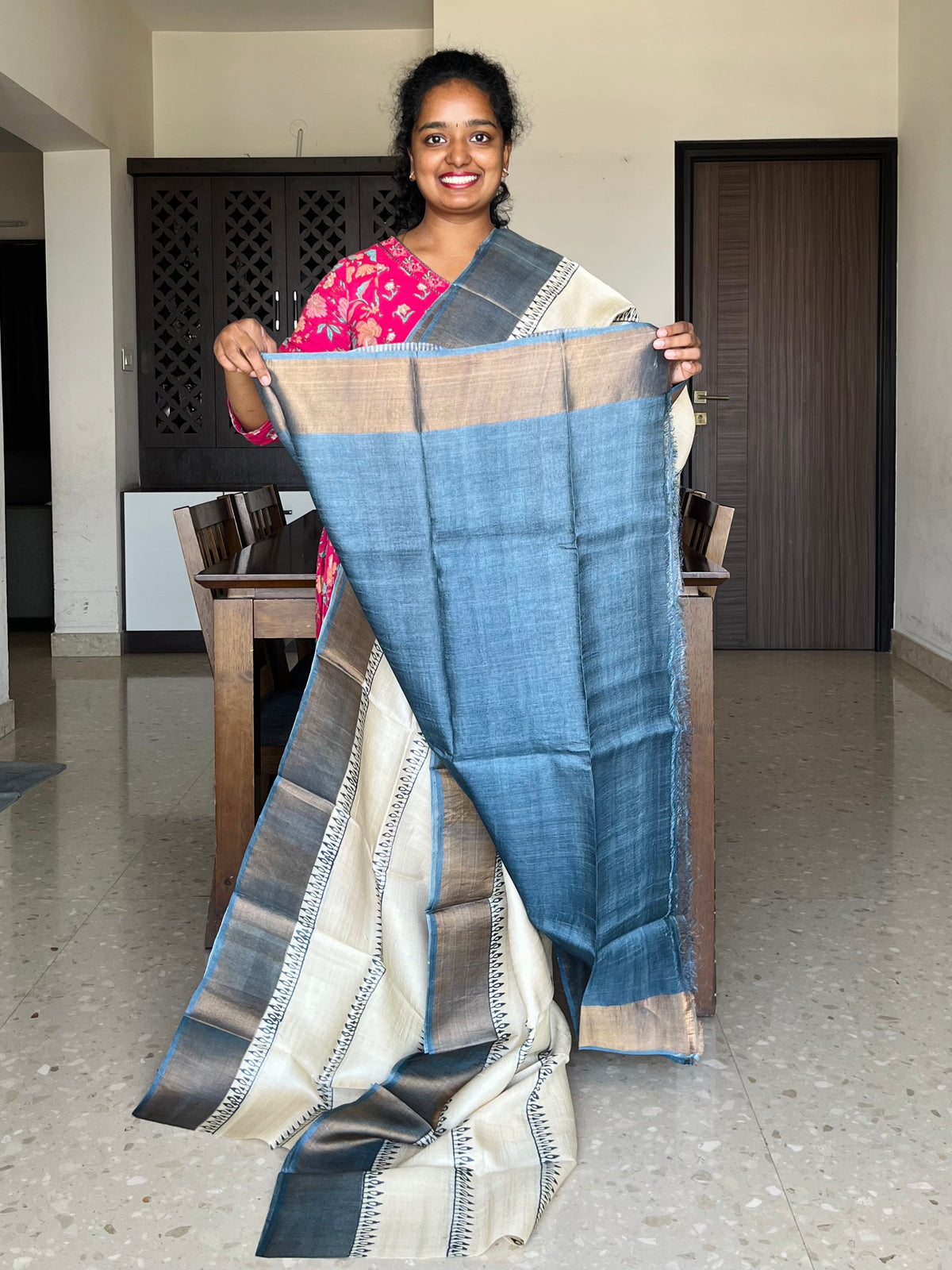 Cream and Grey Tussar Silk Saree with Prints