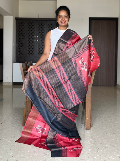 Red Tussar Silk Saree with Prints