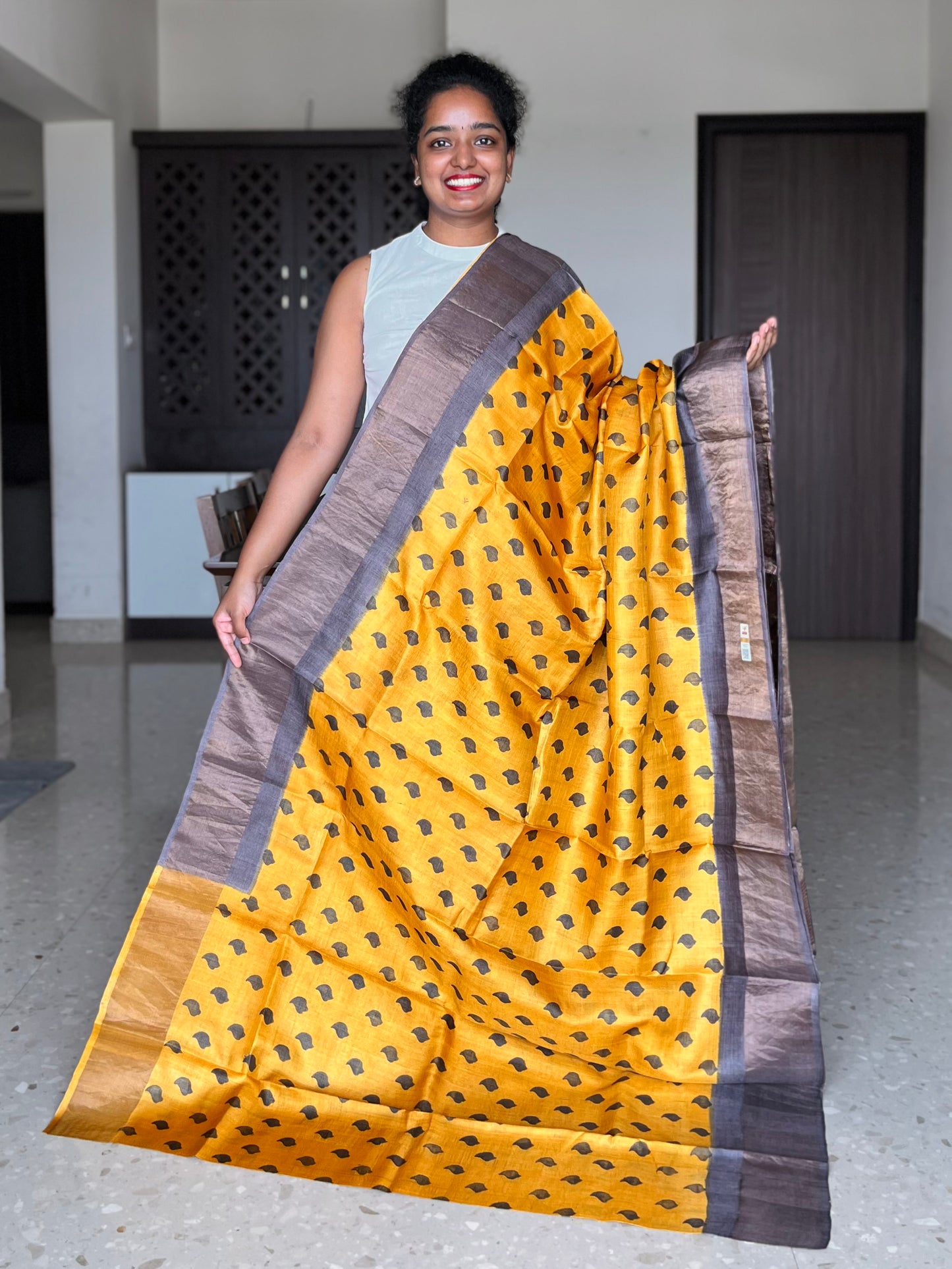 Yellow and Brown Tussar Silk Saree with Prints