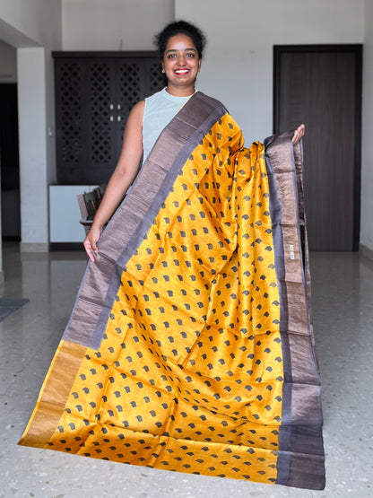 Yellow and Brown Tussar Silk Saree with Prints