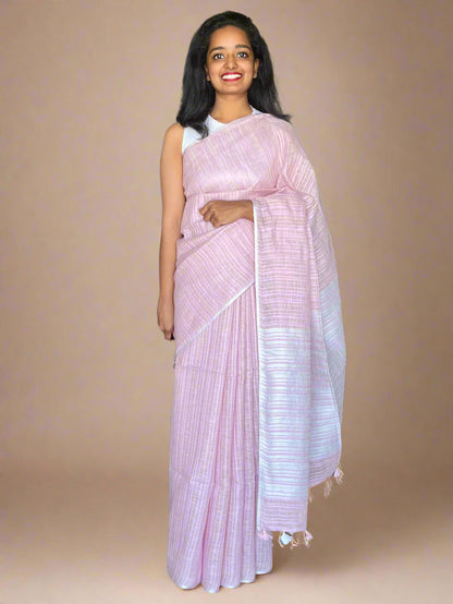 Pink Linen Saree With Woven Stripes