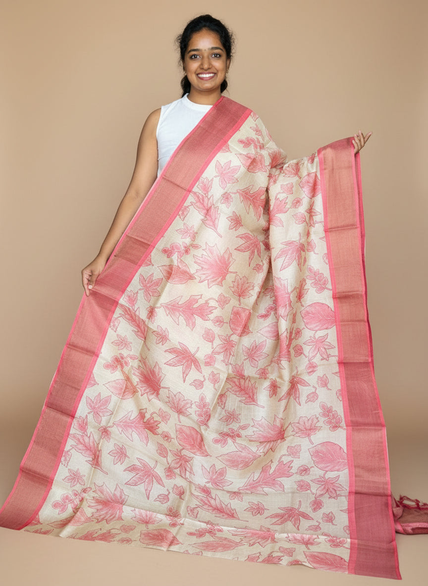 Cream and Peach Tussar Silk Saree with Prints