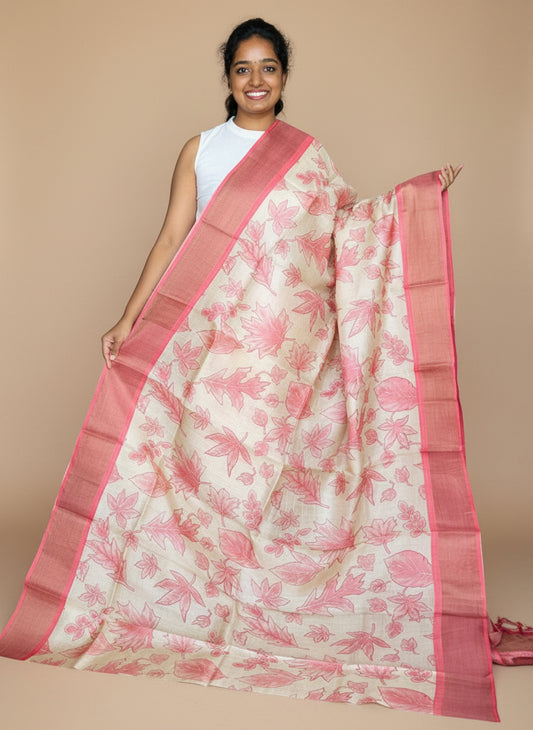 Cream and Peach Tussar Silk Saree with Prints
