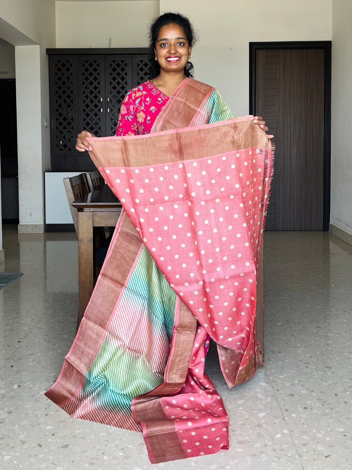 Cream and Peach Tussar Silk Saree with Prints