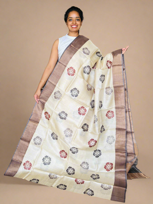 Cream and Brown Tussar Silk Saree with Prints