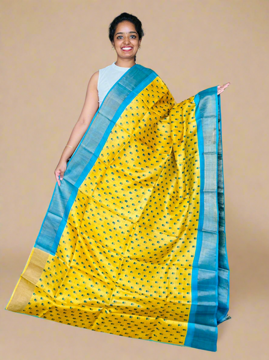 Yellow and Blue Tussar Silk Saree with Prints