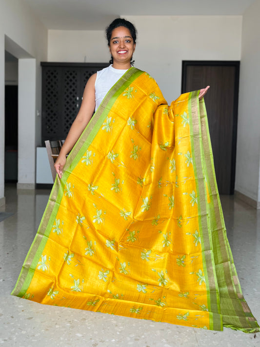Yellow and Green Tussar Silk Saree with Prints