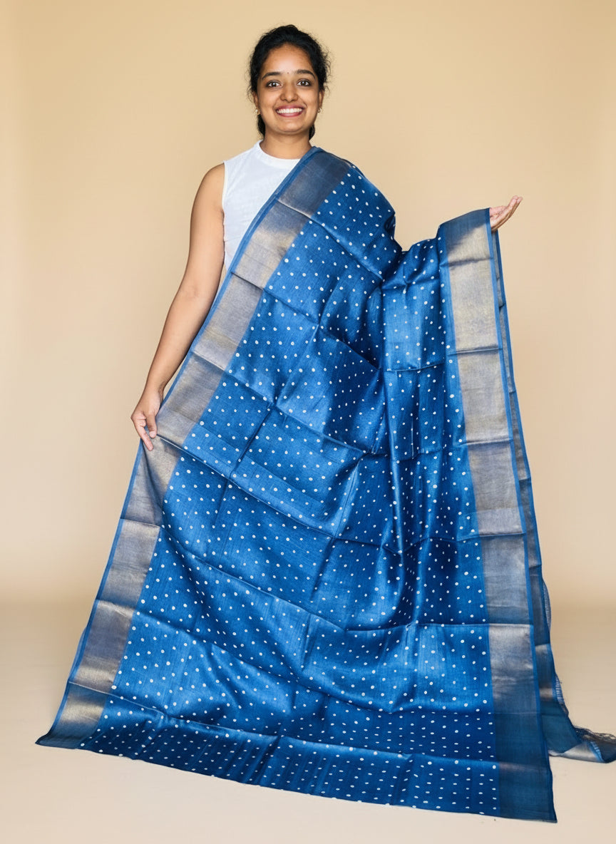 Royal Blue Tussar Silk Saree with Prints