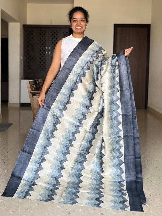 Cream and Grey Tussar Silk Saree with Prints