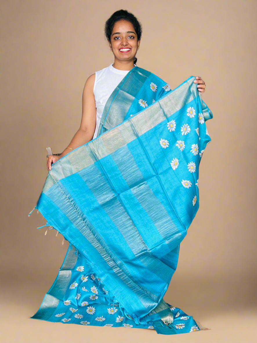 Sky Blue Tussar Silk Saree with Prints