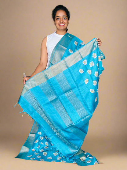 Sky Blue Tussar Silk Saree with Prints