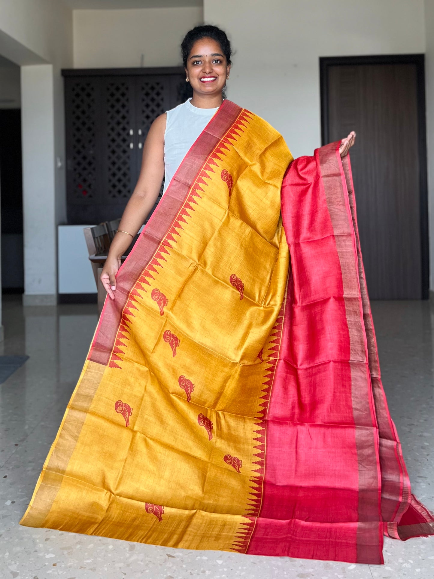 Yellow and Red Tussar Silk Saree with Prints