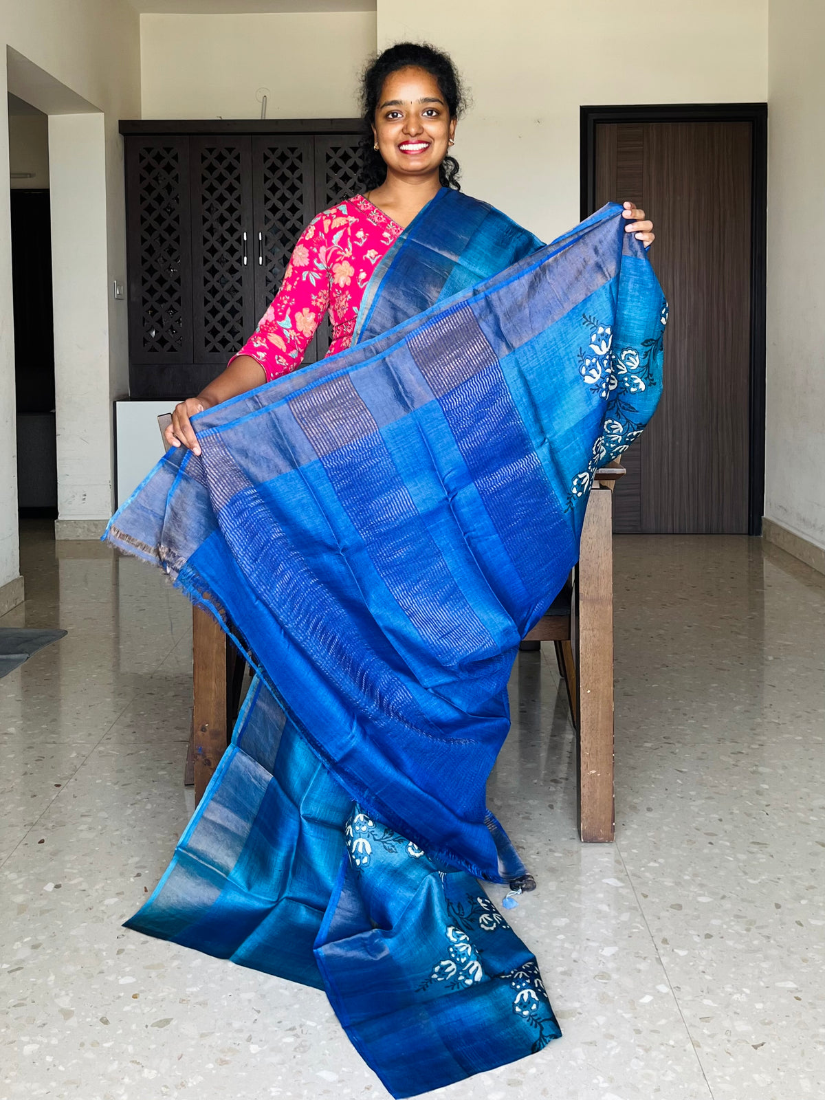 Blue Tussar Silk Saree with Prints