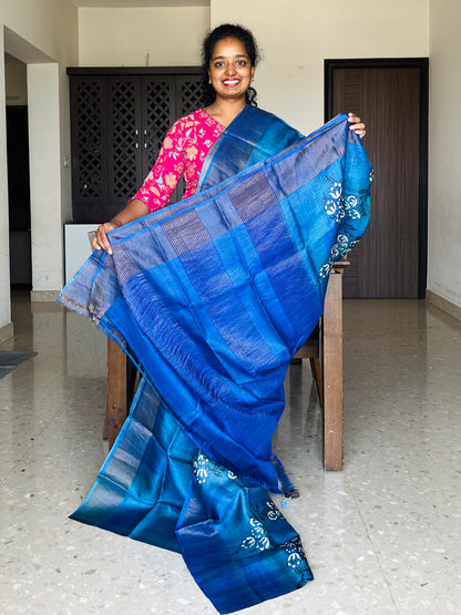 Blue Tussar Silk Saree with Prints