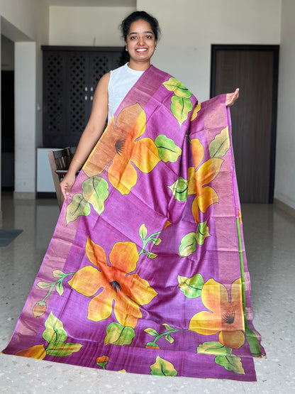Purple Tussar Silk Saree with Prints