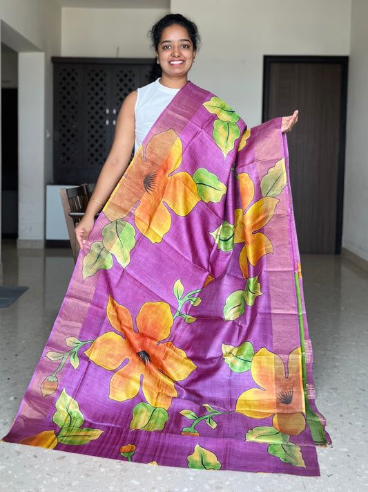 Purple Tussar Silk Saree with Prints