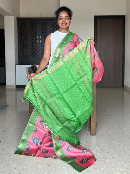 Pink and Green Tussar Silk Saree with Prints