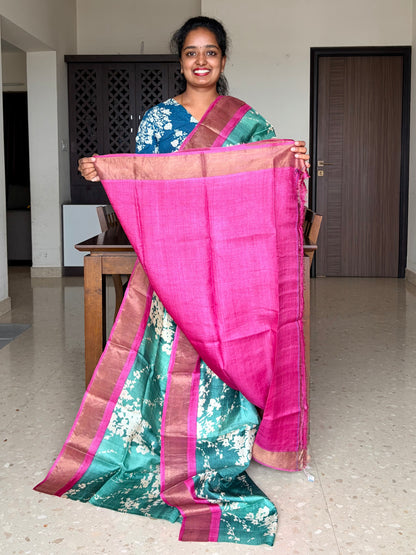 Green and Magenta Tussar Silk Saree with Prints