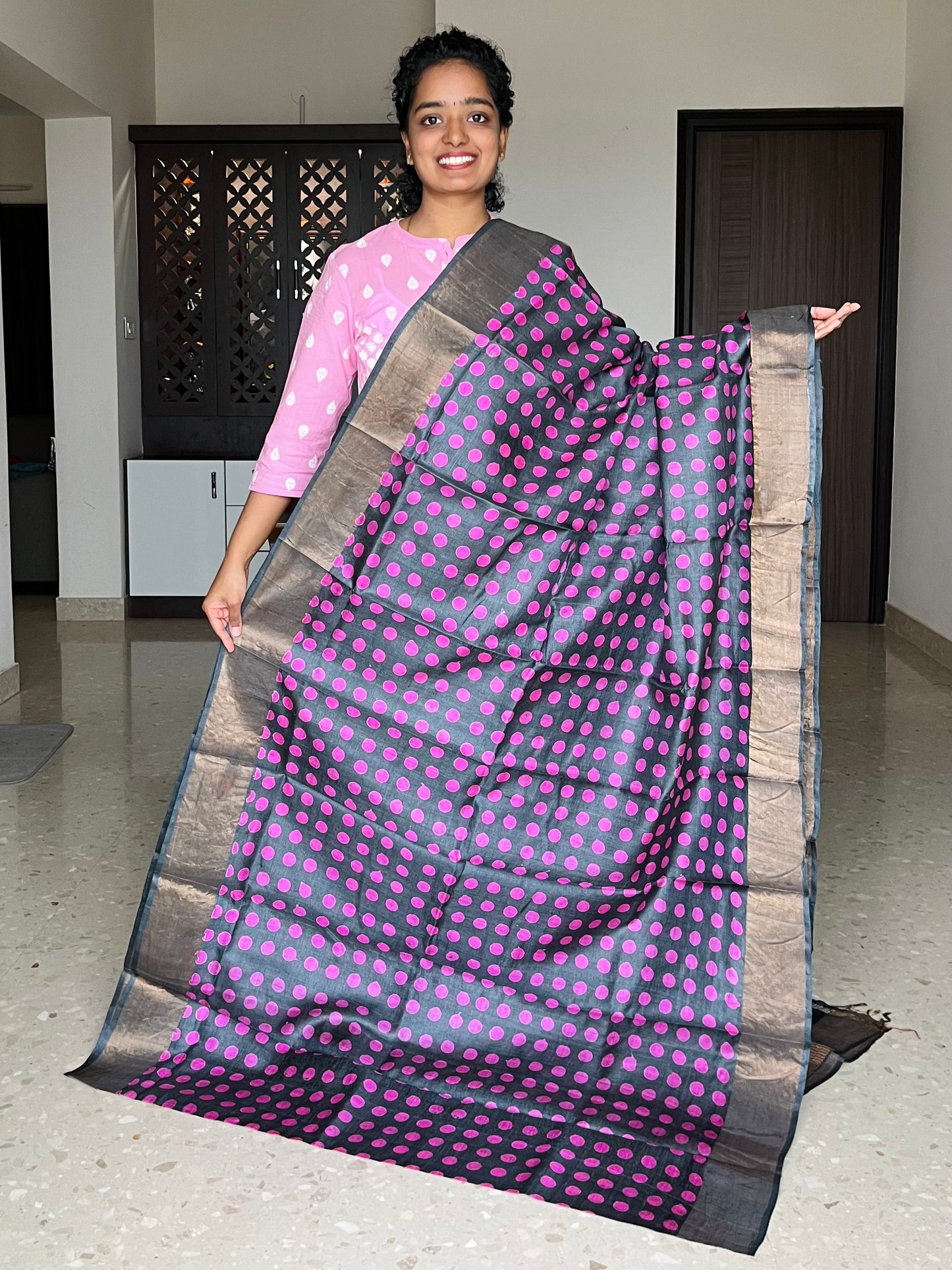 Black and Pink Tussar Silk Saree with Prints