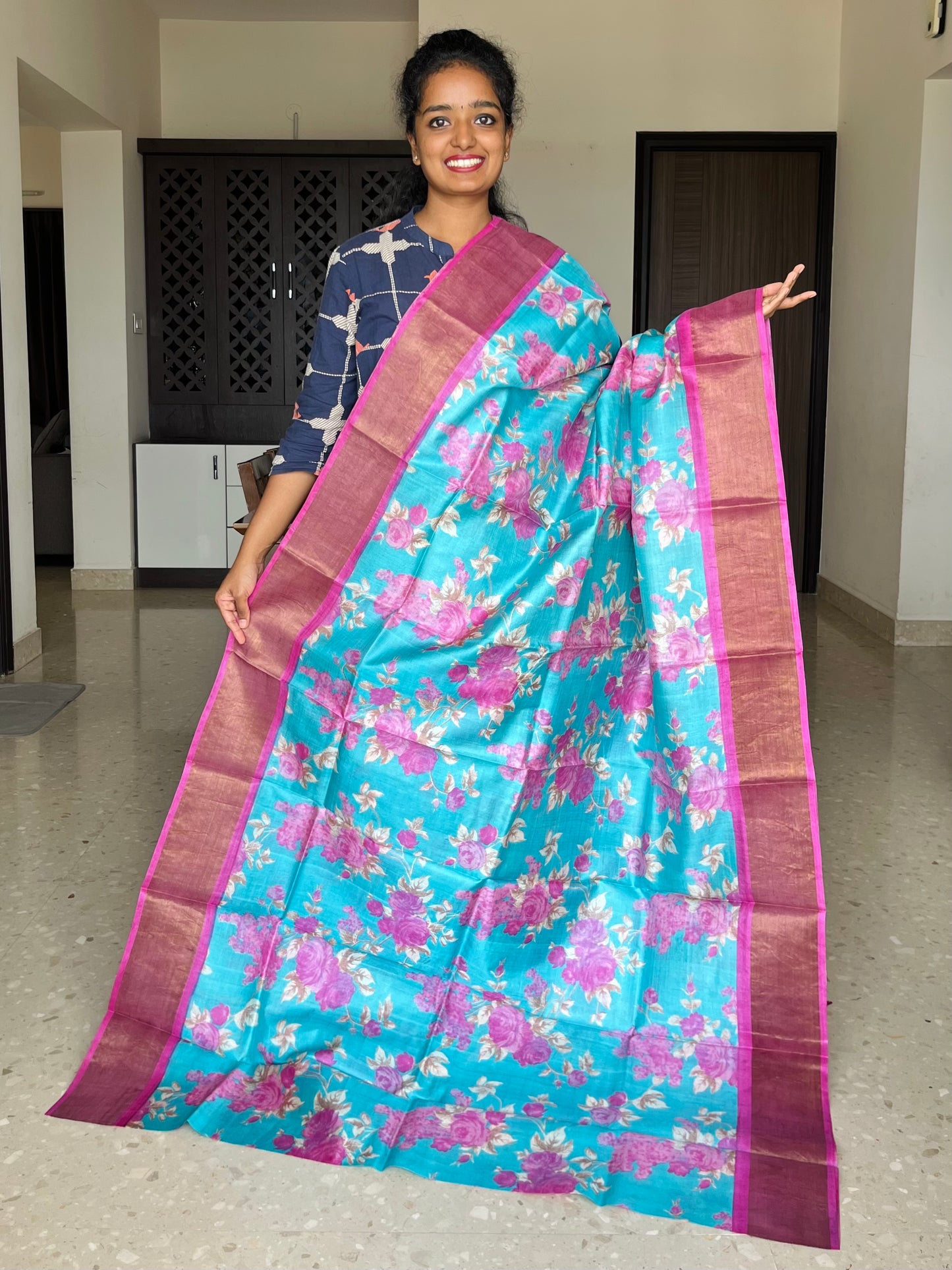 Blue and Pink Tussar Silk Saree with Prints