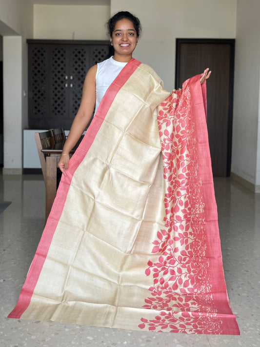 Cream and Peach Tussar Silk Saree with Prints