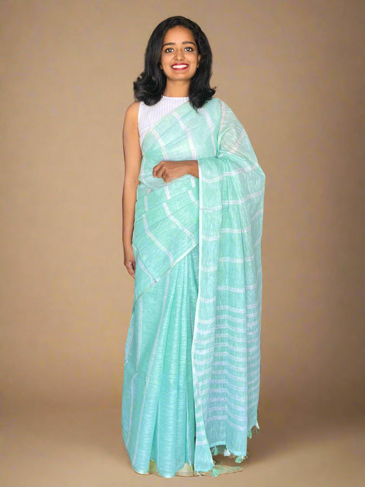 Pastel Green Linen Saree With Woven Stripes