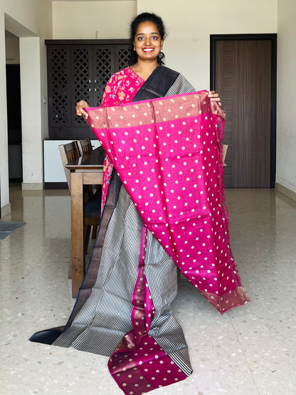 Black and Magenta Tussar Silk Saree with Prints