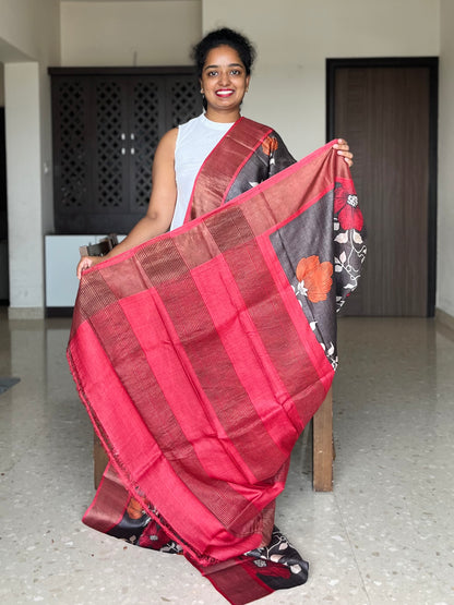 Coffee Brown Tussar Silk Saree with Prints